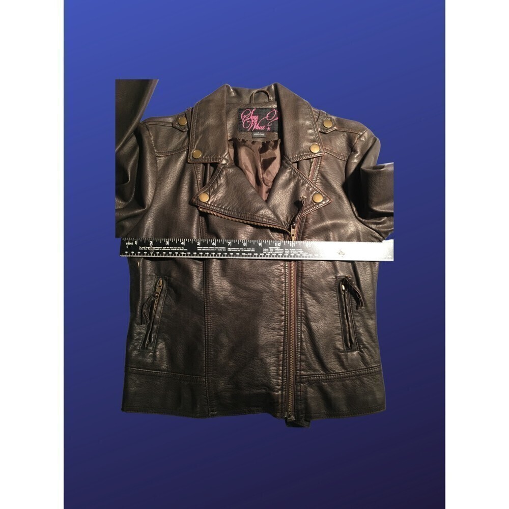 SAY WHAT? Faux Leather Cropped Moto Biker Jacket, BROWN, Women’s L, VGUC - Picture 4 of 12